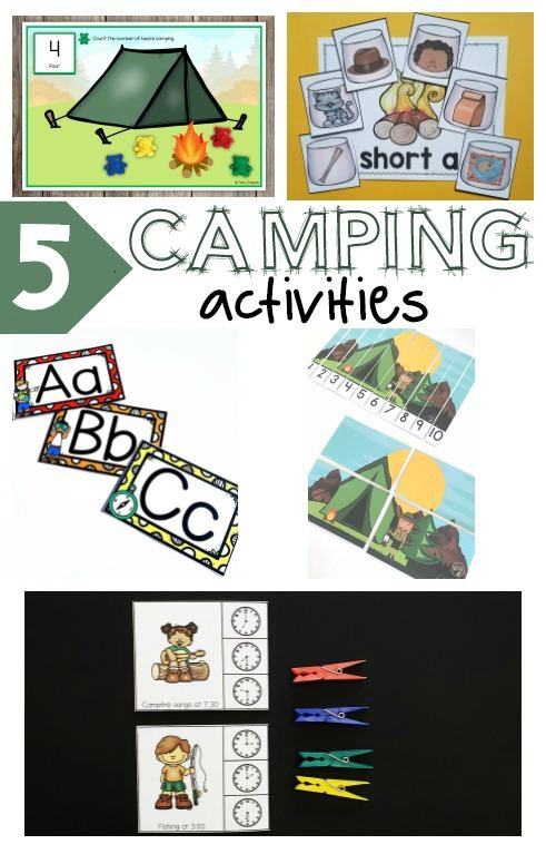 Free camping themed literacy and math activities for kids in preschool, kindergarten and first grade. Great for literacy and math centers. #camping theme #campingactivities #preschoolmath #kindergartenmath #preschoolliteracy #kindergartenliteracy