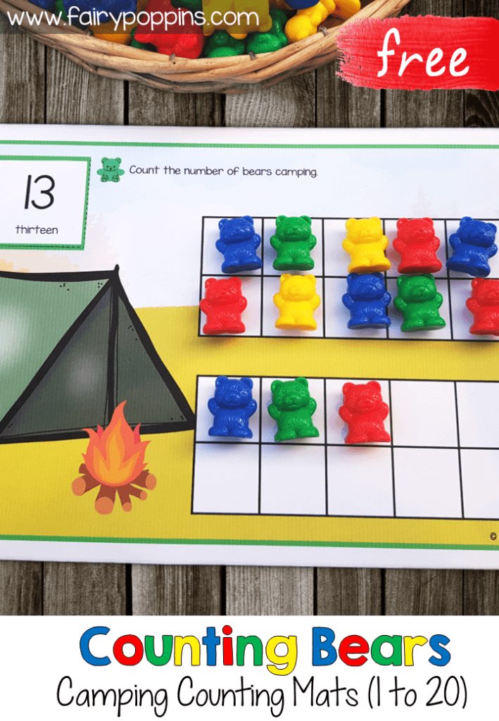 These free camping counting mats can be used with counting bears. They help kids to count from one up to twenty. You can choose between a blank counting mat or a mat with ten frames. They're great for kids in preschool and kindergarten. #countingmats #numbermats #countingbears #campingactivities #campingtheme