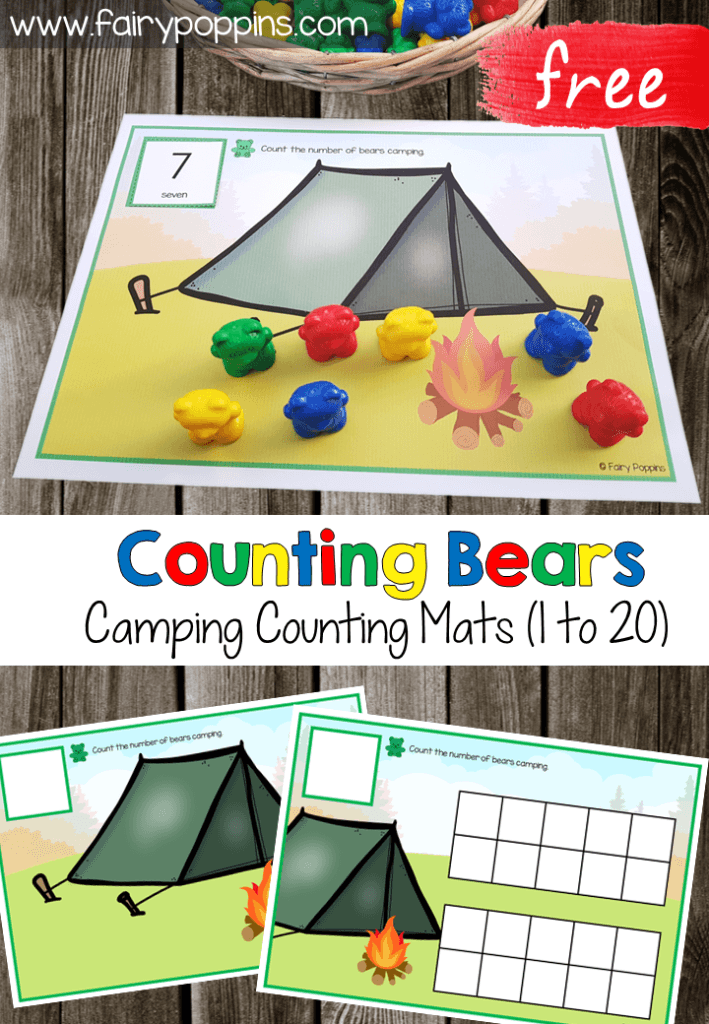 These free camping counting mats can be used with counting bears. They help kids to count from one up to twenty. You can choose between a blank counting mat or a mat with ten frames. They're great for kids in preschool and kindergarten. #countingmats #numbermats #countingbears #campingactivities #campingtheme