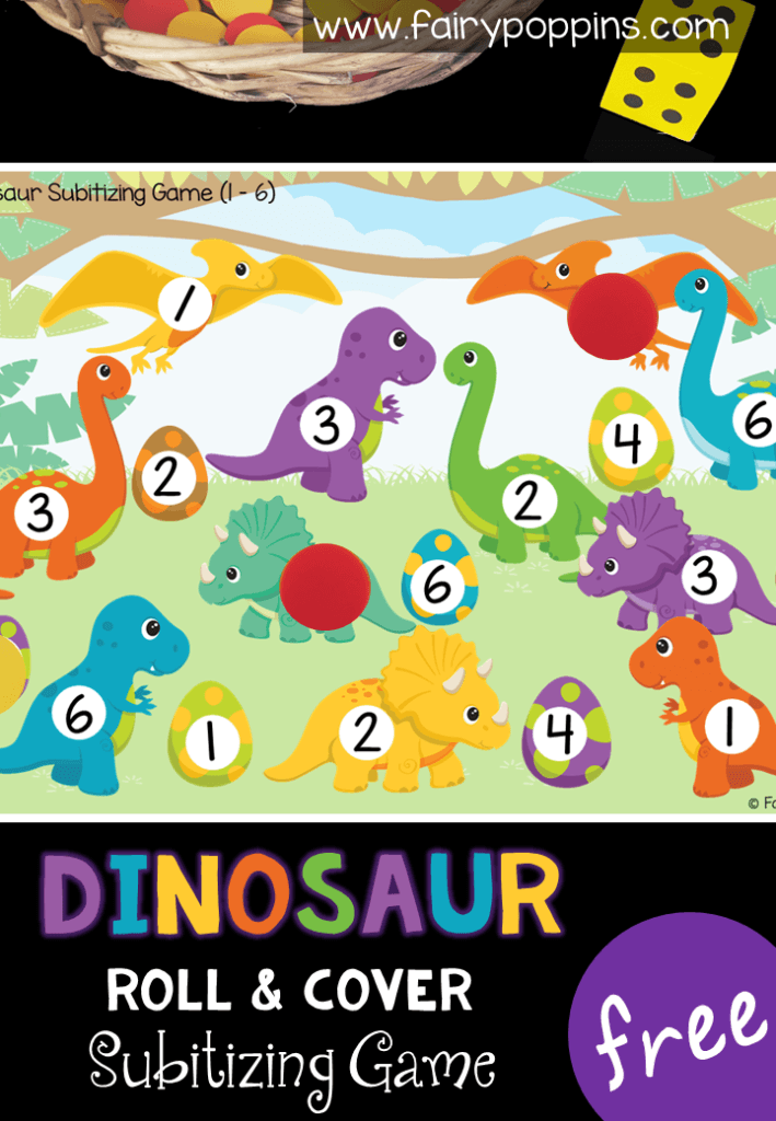 Free dinosaur math game for kids in preschool or kindergarten. This game helps kids learn to subitize numbers on a six sided dice. It also helps kids to identify the numbers. A perfect addition to math centers or math groups. #preschoolmath #kindergartenmath #dinosauractivities #dinosaurtheme #mathgames