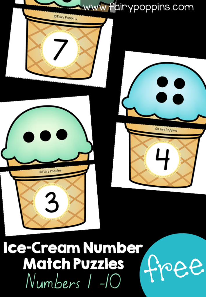 These free ice cream puzzles are great for subitizing. They can also be used to help kids learn how to match the number to the amount of dots shown. A perfect addition to math centers or morning tubs. #preschoolmath #kindergartenmath #mathcenters #morningwork #icecreamactivities #summeractivities #numberactivities #subitizing